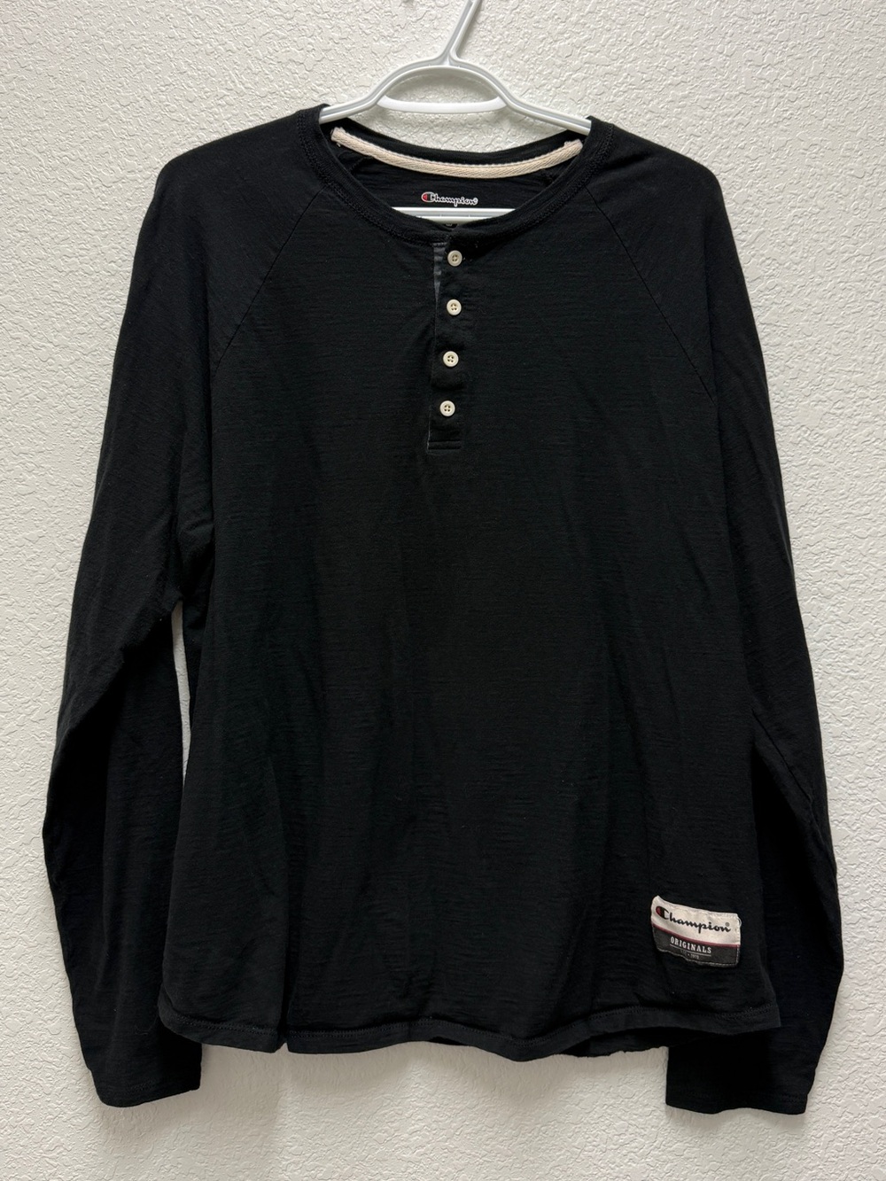 Champion Originals Men’s XL Black Long Sleeve Henley Shirt with Patch Logo